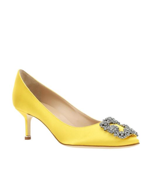 Manolo Blahnik Yellow Hangisi Embellished Satin Pumps