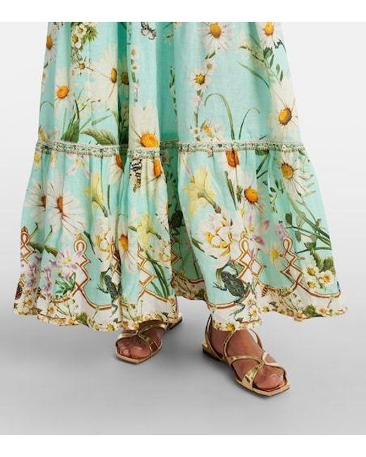 Camilla Green Floral Tiered Linen Maxi Skirt