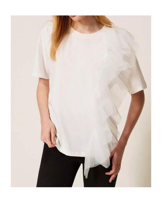 Twinset White Ruffled-Tulle T-Shirt