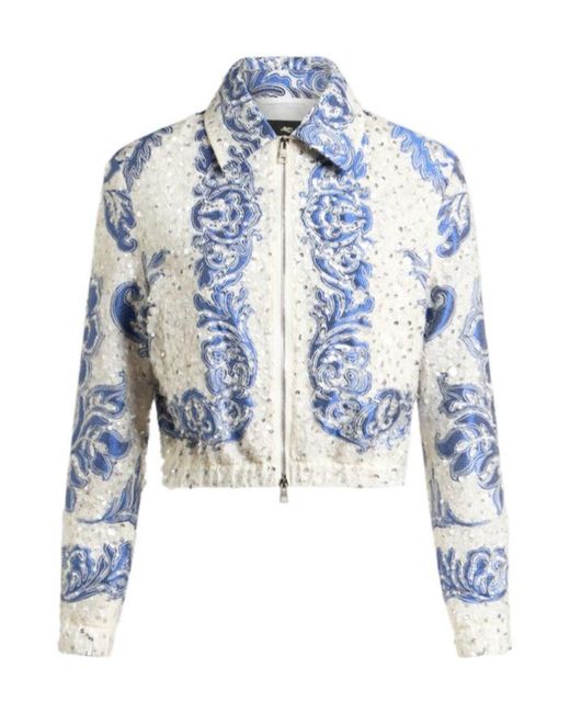 Etro Blue Cropped Bomber Jacket With Sequin Embroidery