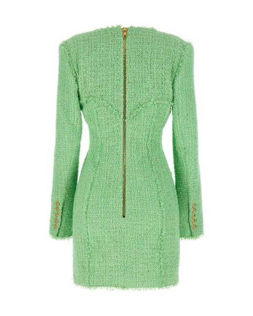 Balmain Green Logo Button Tweed Dress