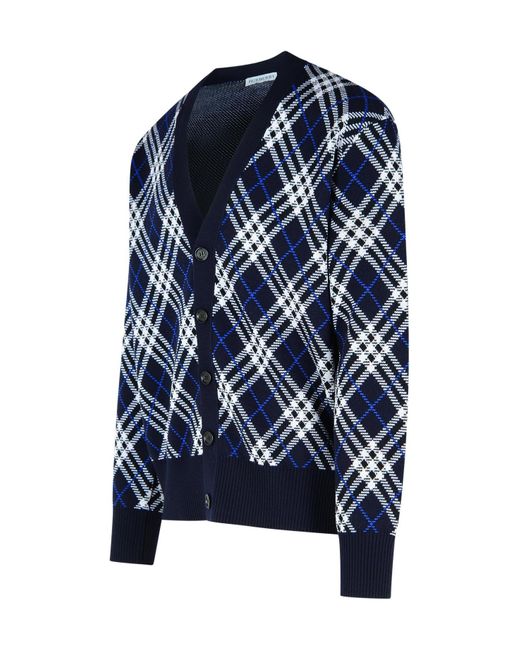 Burberry Blue Checked V-Neck Cardigan for men