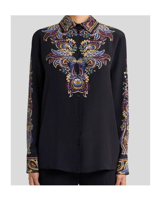 Etro Black Silk Shirt With Placed Paisley Foliage Print