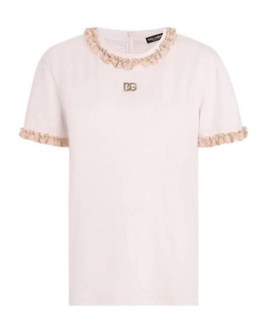 Dolce & Gabbana Pink Logo-Embroidered Ruffled T-Shirt