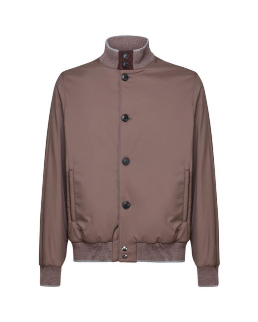 Fedeli Brown Long Sleeved High Neck Bomber Jacket for men