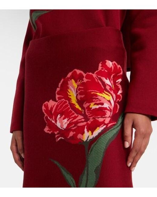 Carolina Herrera Red Floral Jacquard Cotton And Wool Midi Skirt