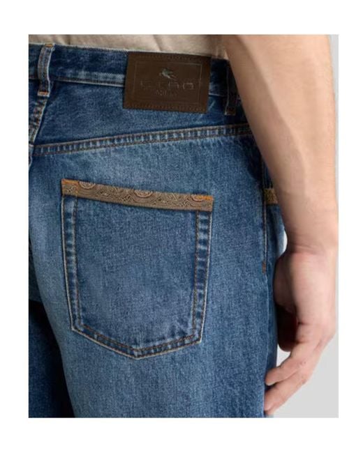 Etro Blue Straight-Leg Cotton Denim Jeans With Contrasting Details for men