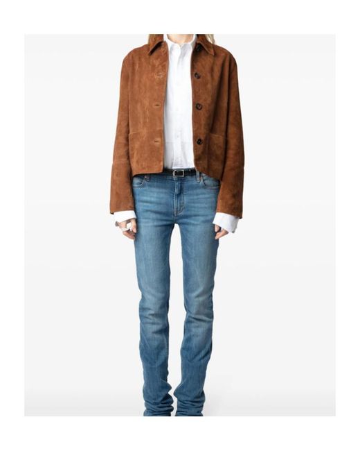 Zadig & Voltaire Brown Lapel Long Sleeve Leather Jacket
