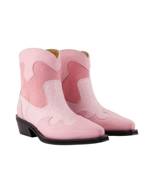 Ganni Pink Panelled Western Ankle Boots