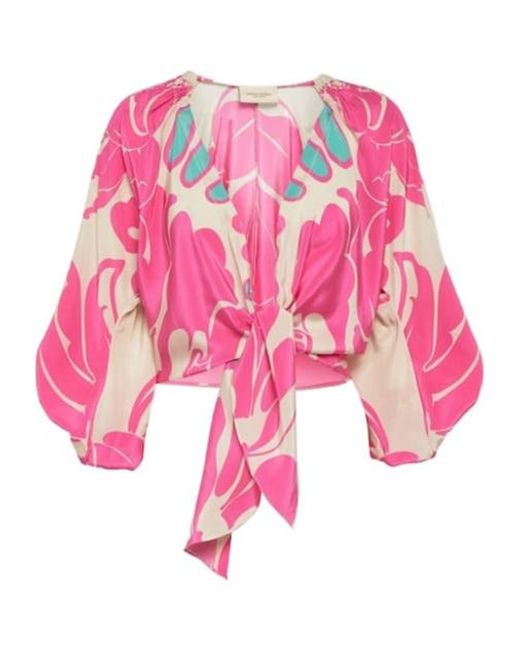 Adriana Degreas Pink Printed Puff-Sleeve Silk Blouse