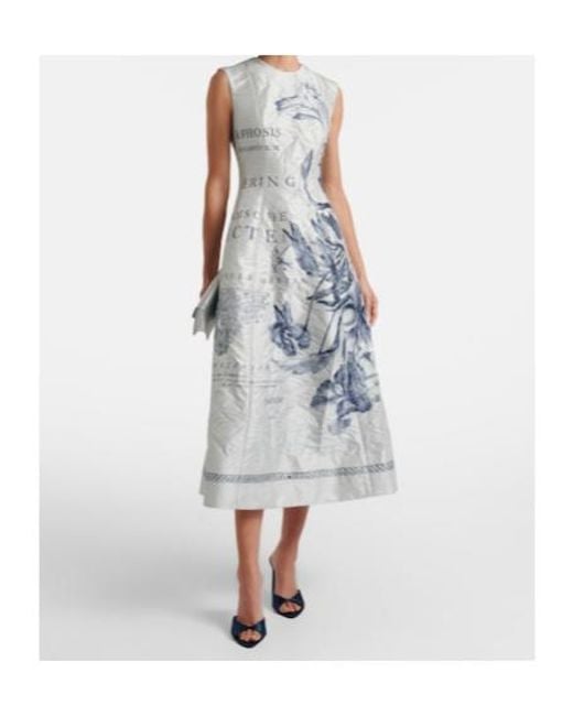 Erdem Blue Printed Satin Twill Midi Dress