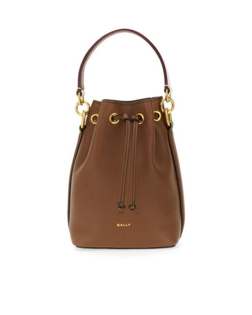 Bally Brown Logo Printed Drawstring Bucket Bag