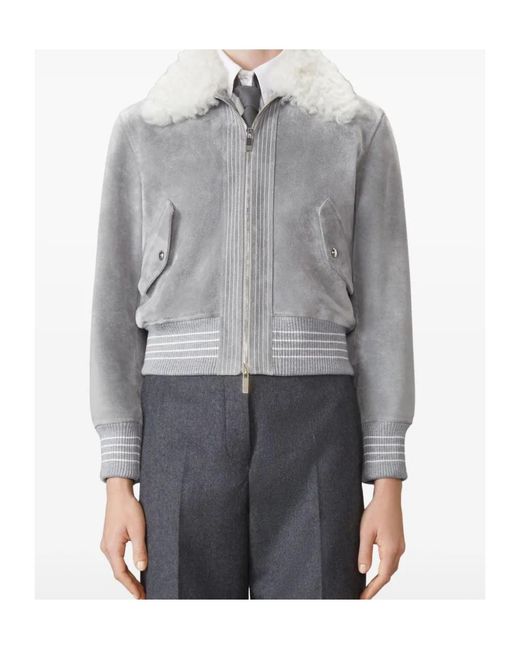 Thom Browne Gray Shearling-Collar Suede Jacket