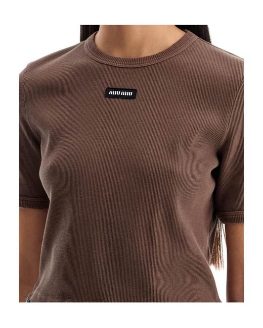 Miu Miu Brown Crewneck Cropped Ribbed T-Shirt