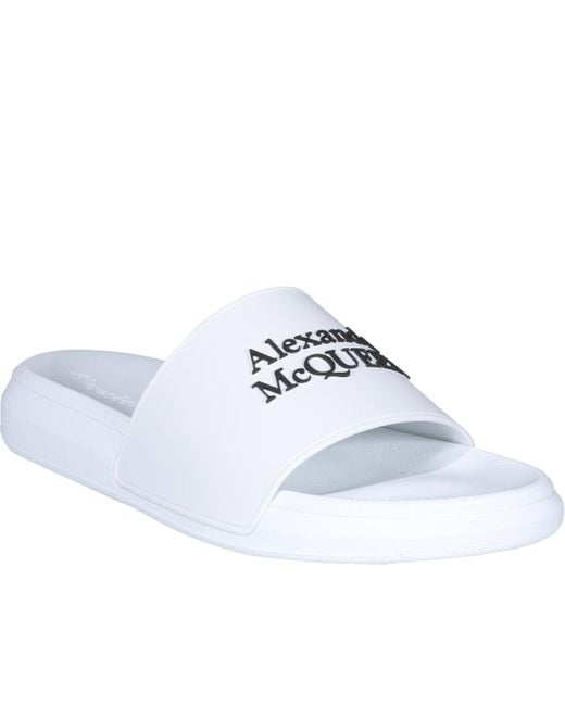 McQueen White Logo Printed Slides for men