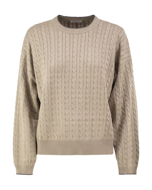 Brunello Cucinelli Brown Cable-Knit Crew Neck Jumper With Shimmering Yarn