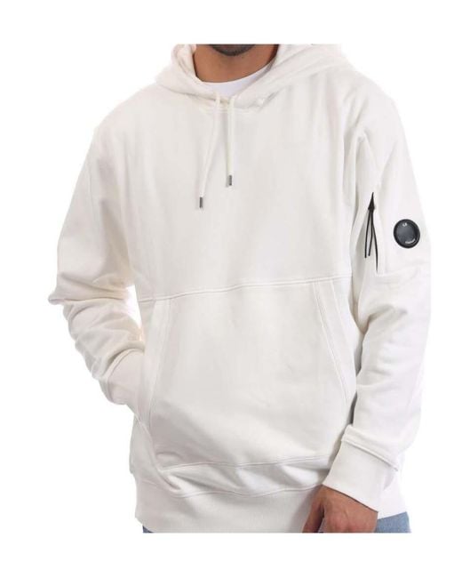 C P Company White Diagonal Raised Fleece Lens Hoodie for men