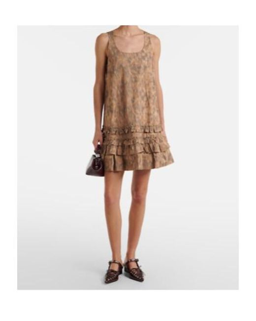 Ganni Brown Ruffled Printed Cotton Minidress