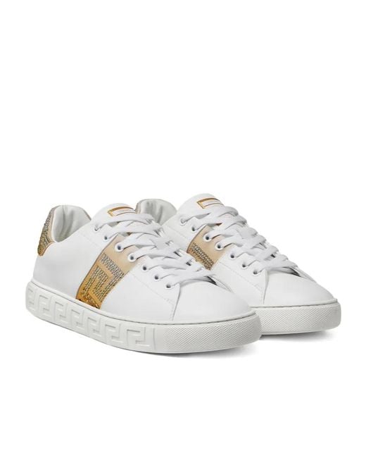 Versace White Greca-Embellished Lace-Up Sneakers