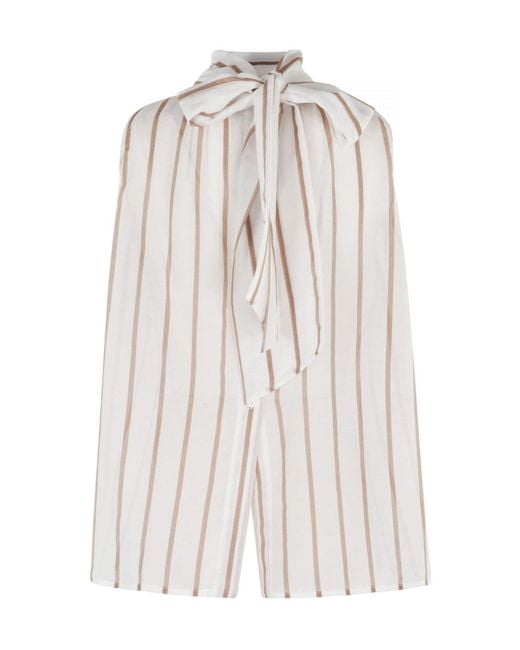 Semicouture White Striped Bow-Neck Sleeveless Top