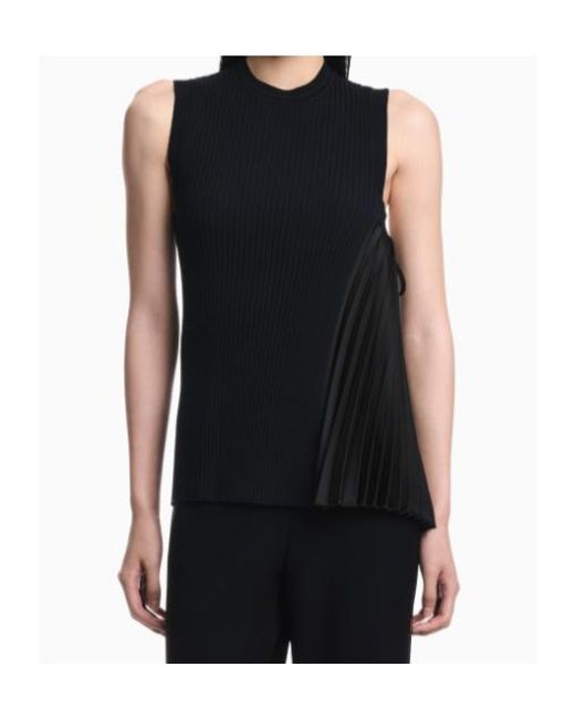 Emporio Armani Blue Knit Top With Asymmetrical And Sleeveless Ribbed Design And Pleated Panel