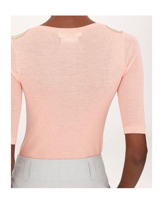 Chloé Pink Chloé Ribbed Guipure-Trim Knitted Sweater