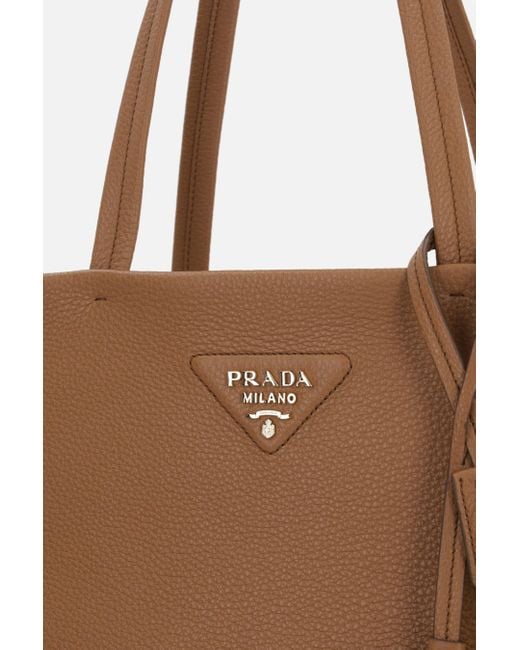 Prada Triangle Logo Leather Tote Bag in Brown | Lyst