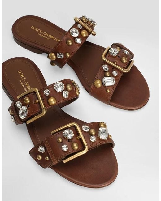 Dolce & Gabbana Brown Embellished Flat Slippers