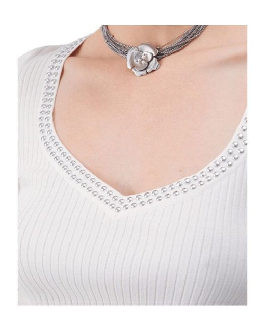 Liu Jo White V-Neck Studded Top