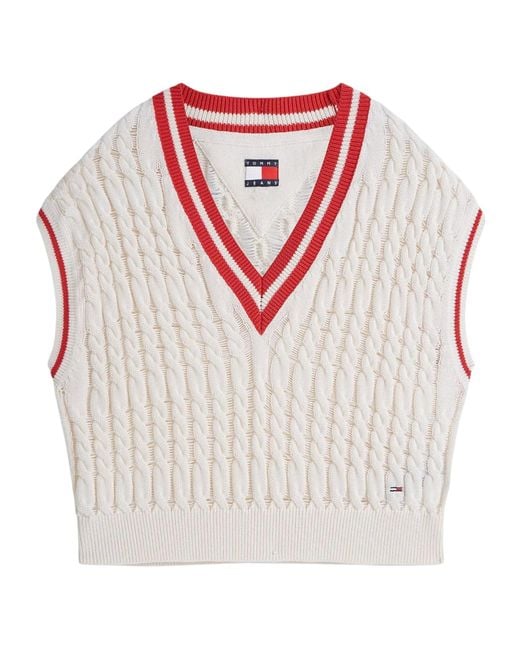 Tommy Hilfiger White Cable Knit V-Neck Oversized Sweater Vest