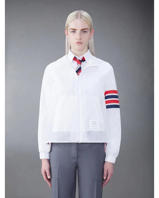 Thom Browne White 4-Bar Stripe Detailed Hooded Jacket