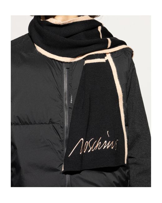 Moschino Black Logo Embroidery Striped Scarf for men