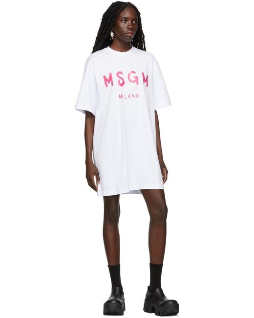 MSGM White Logo Print Round-Neck Dress