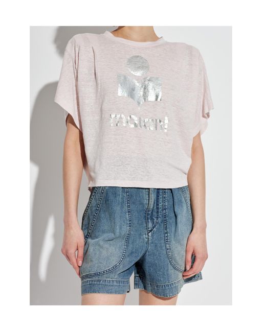 Isabel Marant White Metallic-Logo Linen T-Shirt