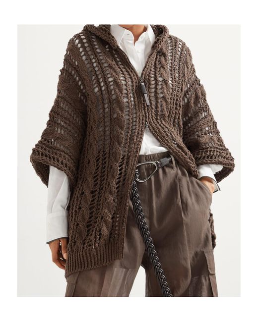 Brunello Cucinelli Brown Zip-Up Hooded Knitted Cardigan