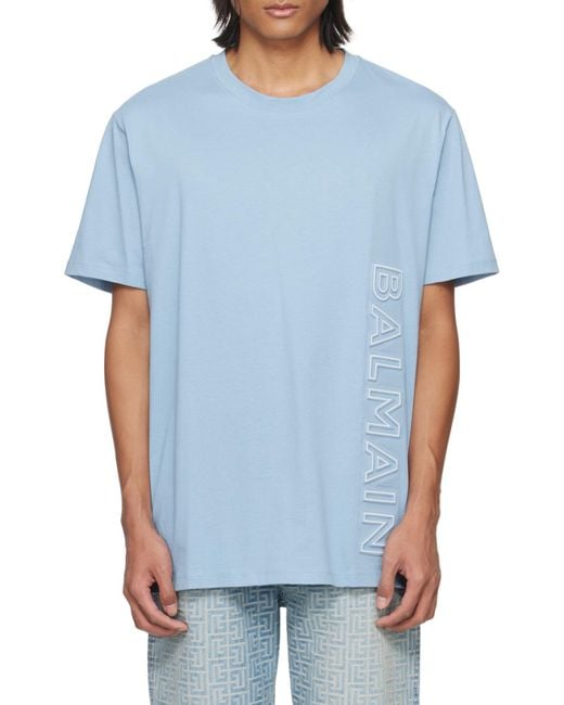 Balmain Blue Logo Embossed Crewneck T-Shirt for men