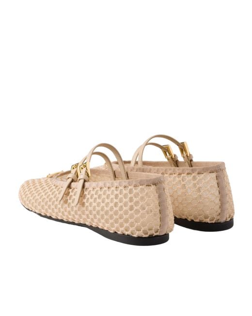 Prada Natural Triangle-Logo Mesh Ballet Flats
