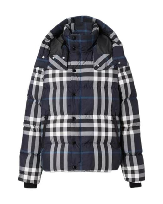 Burberry Blue Checked Hooded Puffer Jacket for men