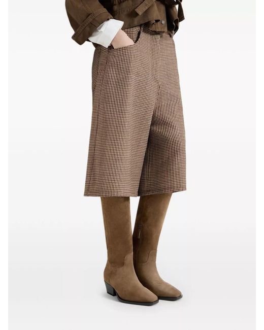 Brunello Cucinelli Brown Sparkling Virgin Wool Houndstooth Long Bermuda Shorts With Monili