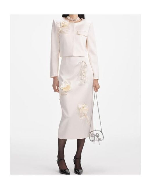 Self-Portrait White 3D Flower Satin Midi Skirt