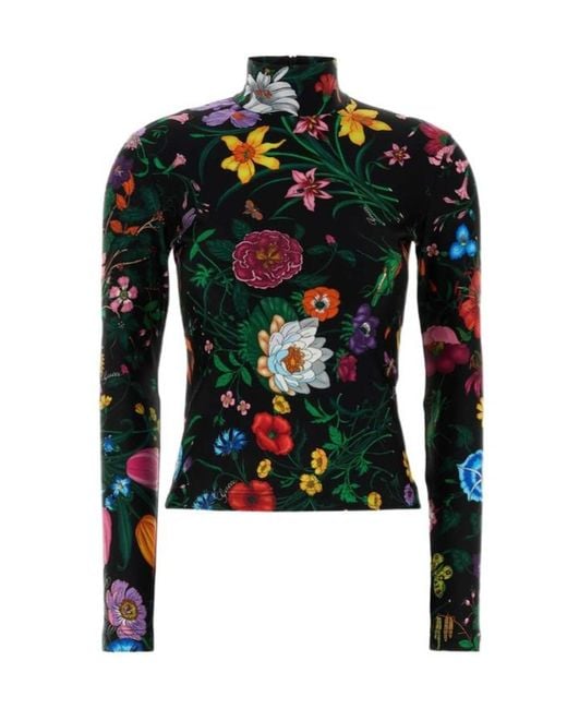 Gucci Green Printed Sparkling Jersey Turtleneck Top