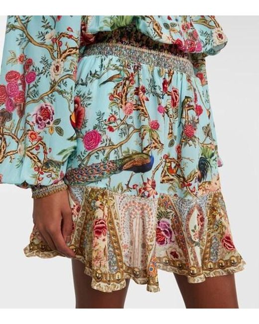 Camilla Blue Embellished Off-Shoulder Silk Crepe Mini Dress