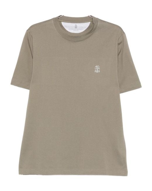 Brunello Cucinelli Natural Logo Embroidered Crewneck T-Shirt for men