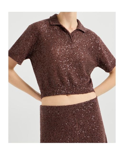 Brunello Cucinelli Brown Sequin Embellished Polo Top