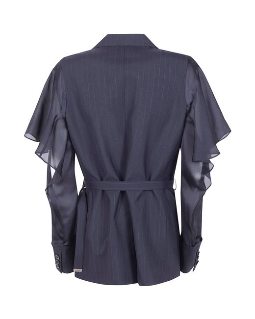 Sacai Blue Double-Breasted Striped Belted Jacket