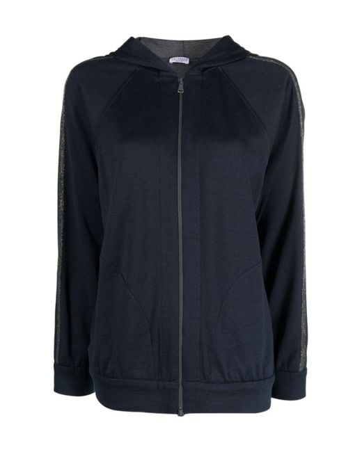 Brunello Cucinelli Blue Trim Embellished Zipped Hoodie