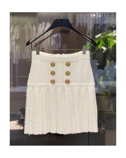Balmain White Buttoned Pleated Mini Skirt