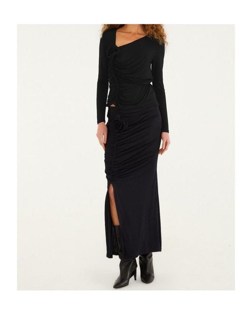 Farm Rio Black Floral-Appliqué Maxi Skirt