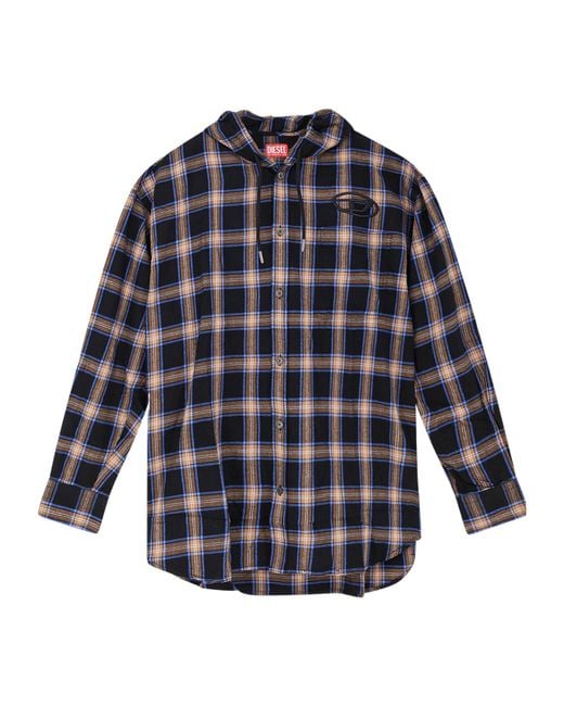 DIESEL Blue S-Dewny-Hood-Ajfi Hooded Checked Shirt for men
