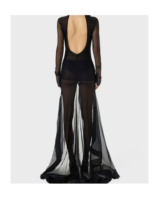 Blumarine Black Stretch Tulle Dress With Embroidery And Slit